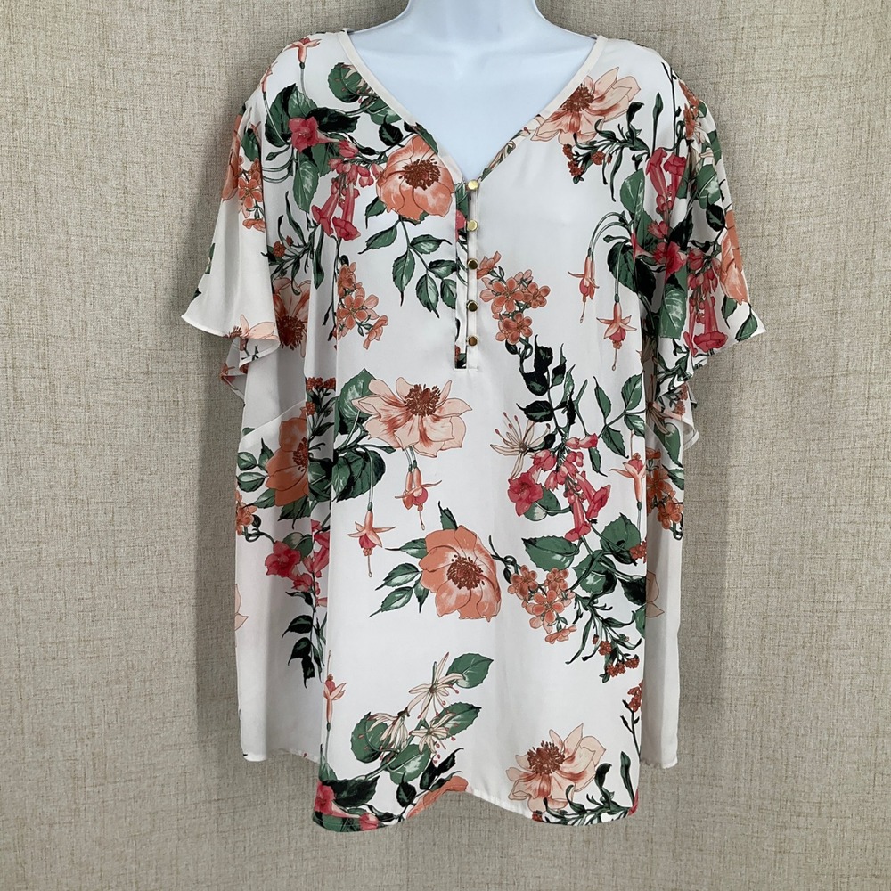 Liz Claiborne Blouse Women 2X Ivory Floral V-Neck Button Short Sleeve Career